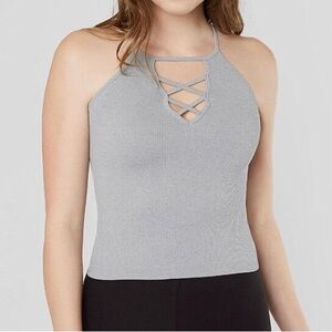 Grey High Neck Cropped Tank Top Criss Cross NWOT
